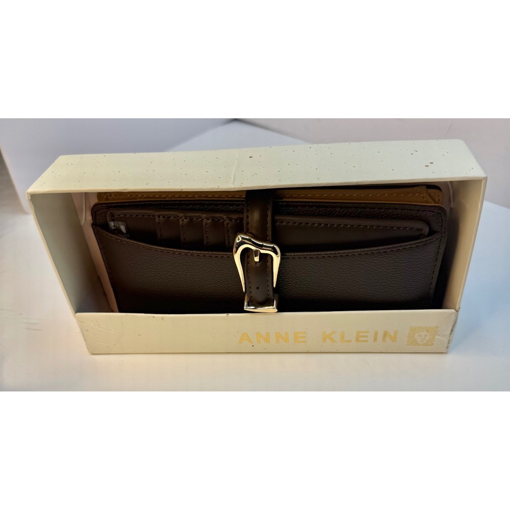 Anne Klein Buckle Snap Closure Wallet Brown Faux Leather Card Slots Zip Pocket - Picture 12 of 12